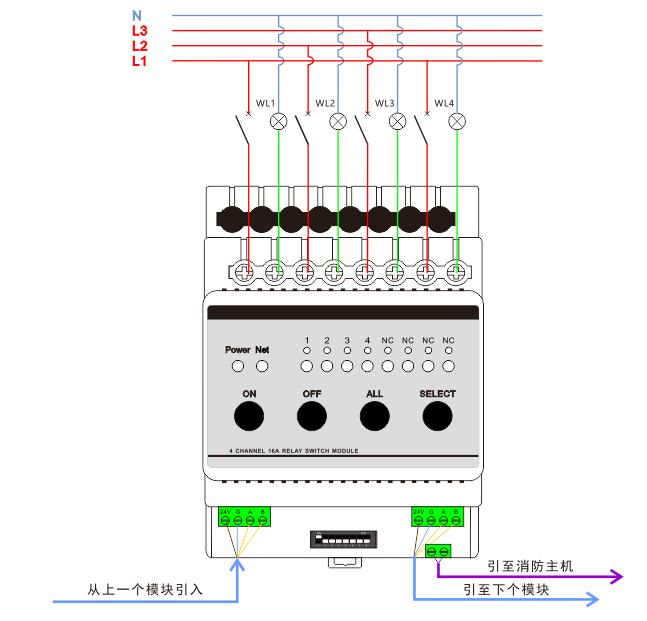 4路16A智能照明控制器接线图